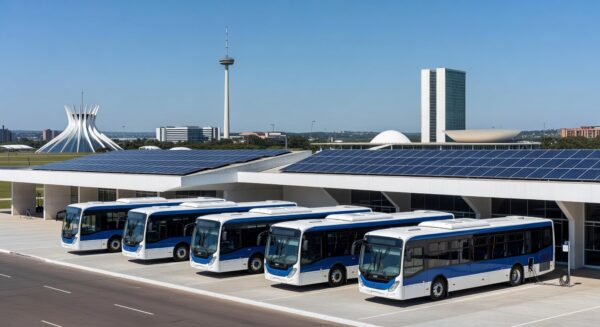 Frota de ônibus elétricos em terminal de Brasília, simbolizando redução de emissões e modernização do transporte público.