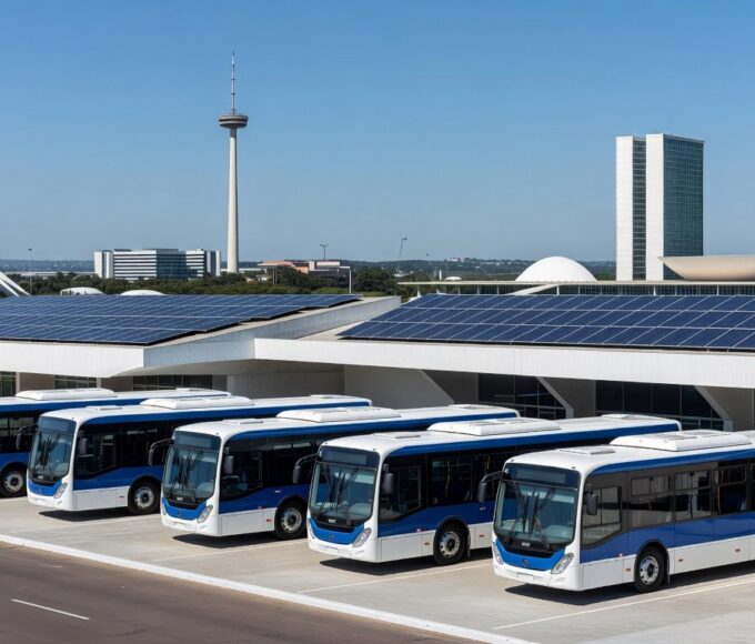 Frota de ônibus elétricos em terminal de Brasília, simbolizando redução de emissões e modernização do transporte público.