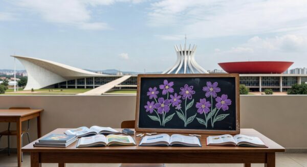 Escola pública em Brasília destacando símbolos de liderança feminina na educação no Dia da Mulher.