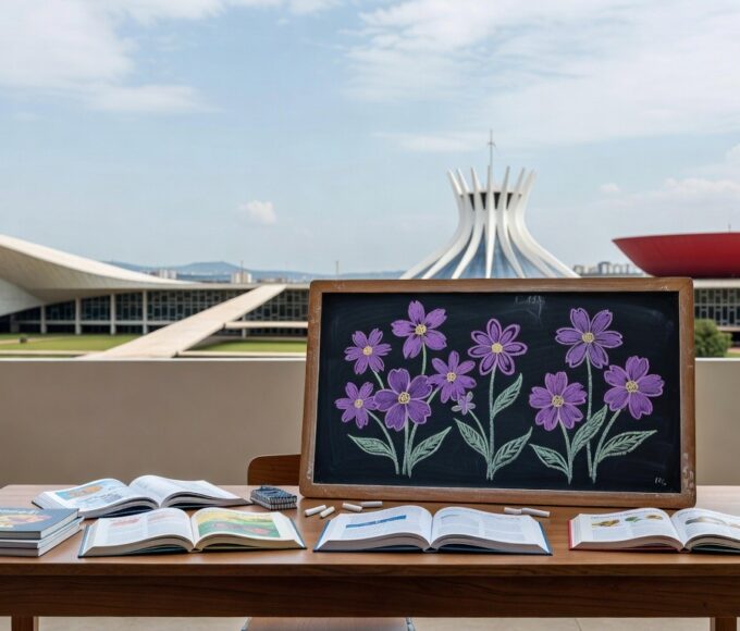 Escola pública em Brasília destacando símbolos de liderança feminina na educação no Dia da Mulher.