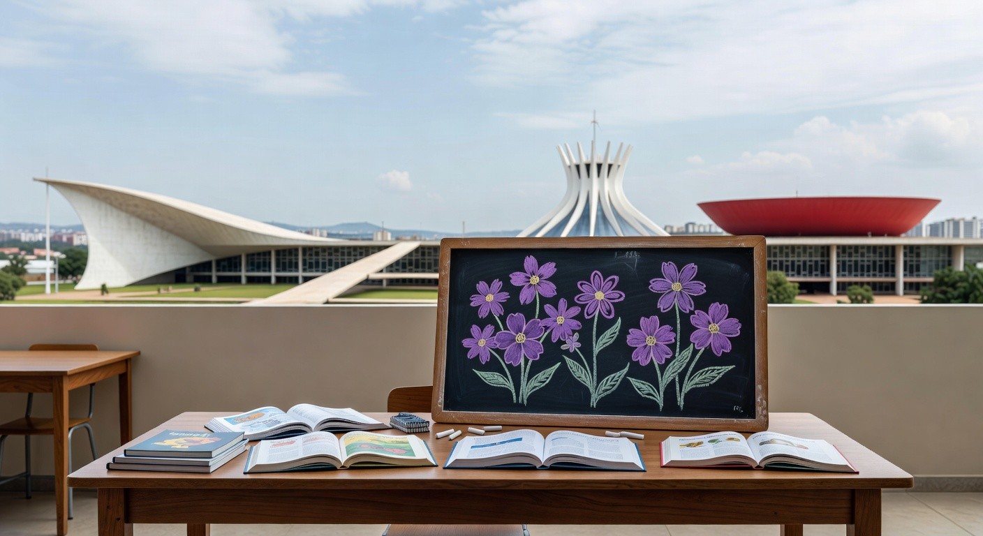 Escola pública em Brasília destacando símbolos de liderança feminina na educação no Dia da Mulher.