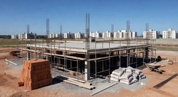 Construção em andamento no Gama com lajes de concreto e andaimes, cena de acidente fatal.