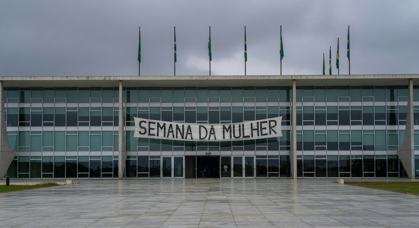 Edifício da CLDF em Brasília com banner da Semana da Mulher, criticado por evento superficial.