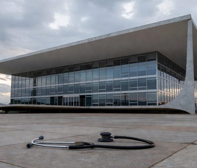 Cena urbana em Brasília ilustrando crise grave na saúde e segurança do DF, com hospital e viaturas deterioradas.