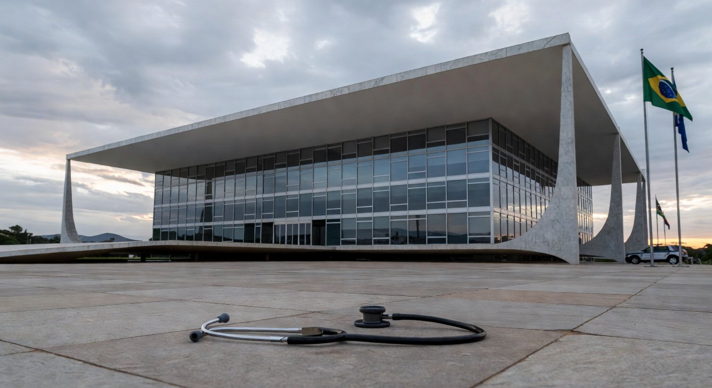 Cena urbana em Brasília ilustrando crise grave na saúde e segurança do DF, com hospital e viaturas deterioradas.