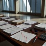 Mesa com documentos financeiros e gráficos de declínio na Câmara Legislativa do DF, simbolizando finanças preocupantes do GDF.