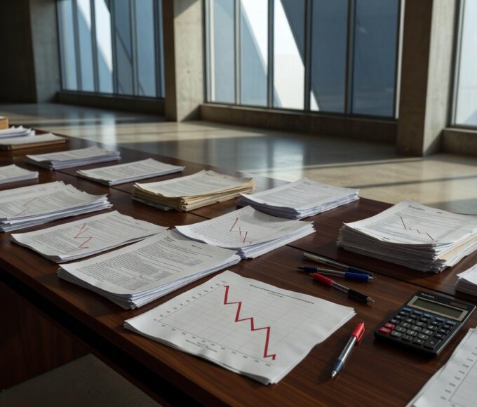 Mesa com documentos financeiros e gráficos de declínio na Câmara Legislativa do DF, simbolizando finanças preocupantes do GDF.