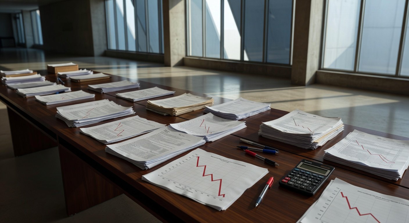 Mesa com documentos financeiros e gráficos de declínio na Câmara Legislativa do DF, simbolizando finanças preocupantes do GDF.