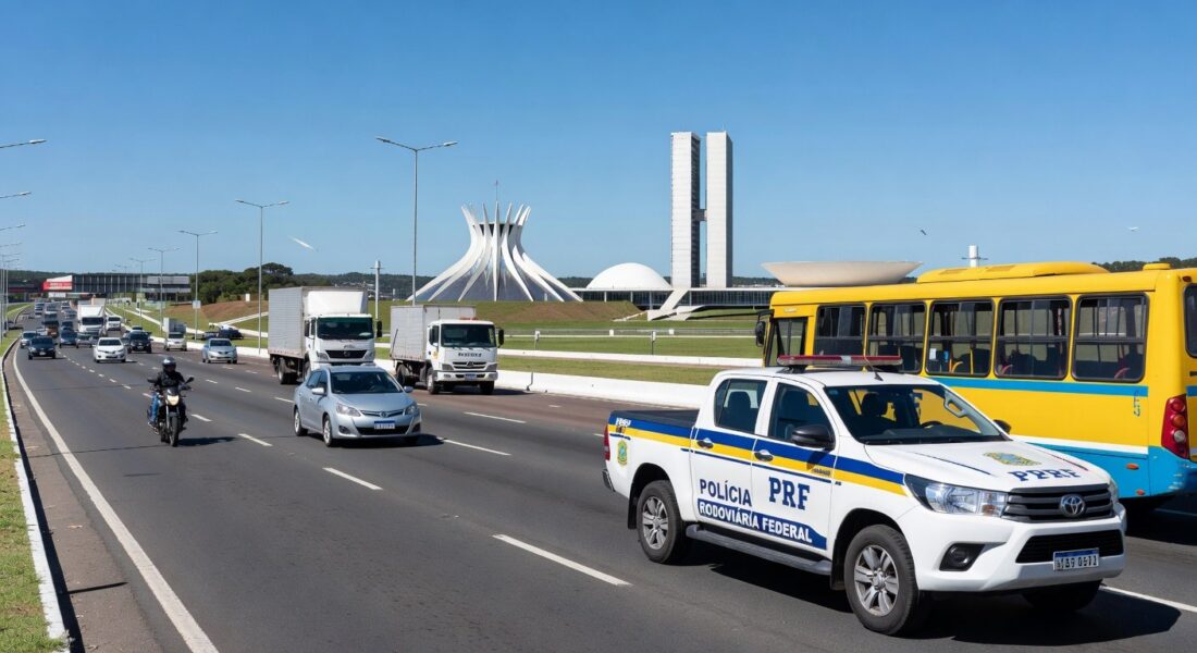 Viatura da PRF ao lado de ônibus em rodovia de Brasília, ilustrando prisão de homem por assédio a mulheres.