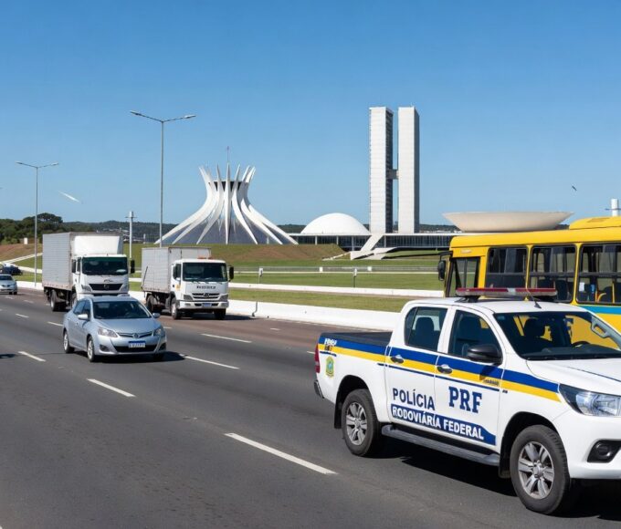 Viatura da PRF ao lado de ônibus em rodovia de Brasília, ilustrando prisão de homem por assédio a mulheres.