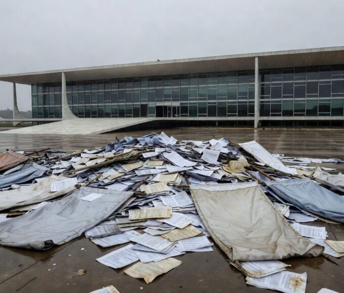 Fachada da CLDF em Brasília com elementos de desperdício de recursos e homenagem vazia durante crise no DF.