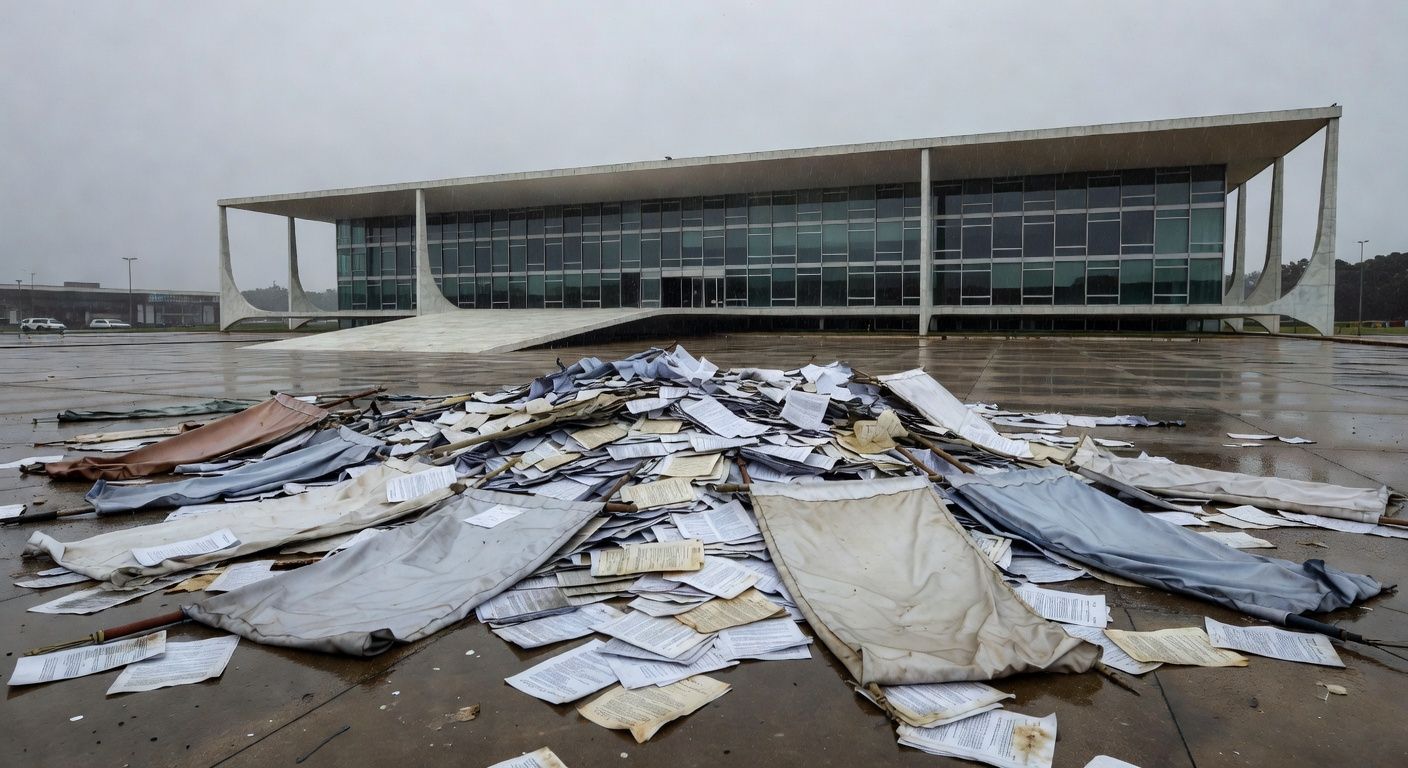 Fachada da CLDF em Brasília com elementos de desperdício de recursos e homenagem vazia durante crise no DF.
