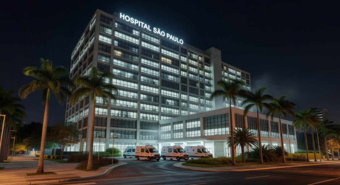 Fachada de hospital moderno em Brasília, com ambulância na entrada, representando internação por broncopneumonia bacteriana.