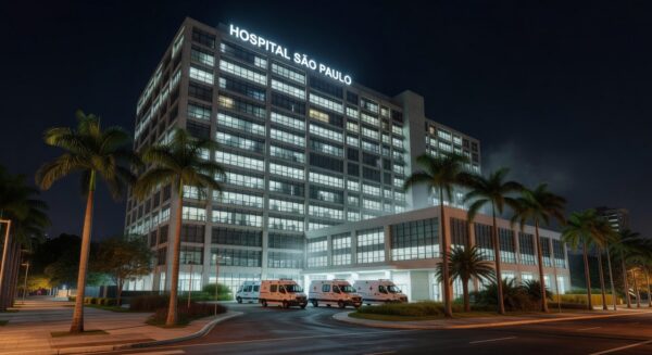 Fachada de hospital moderno em Brasília, com ambulância na entrada, representando internação por broncopneumonia bacteriana.