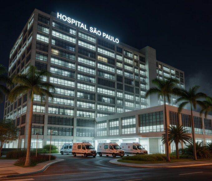 Fachada de hospital moderno em Brasília, com ambulância na entrada, representando internação por broncopneumonia bacteriana.