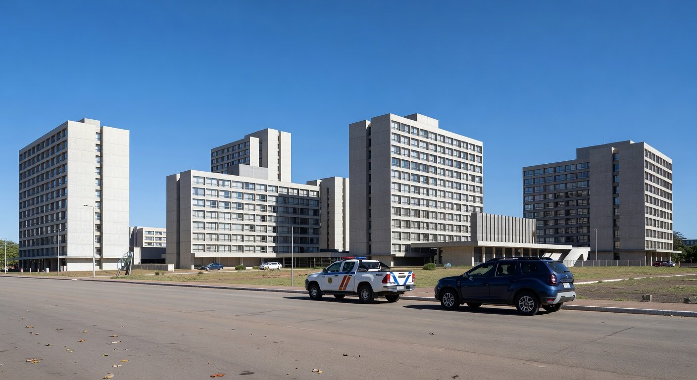 Vista dos setores hoteleiros em Brasília com viaturas de segurança, ilustrando ampliação da Área de Segurança Especial.