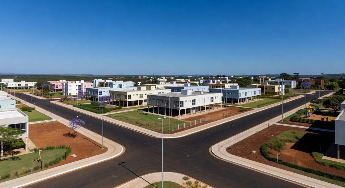 Vista da região do Riacho Fundo II no DF com investimentos em infraestrutura urbana para autossuficiência.