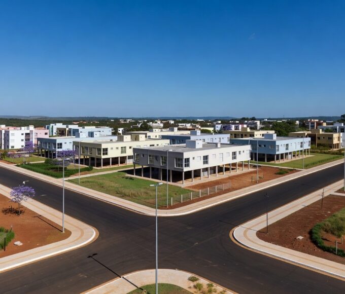 Vista da região do Riacho Fundo II no DF com investimentos em infraestrutura urbana para autossuficiência.