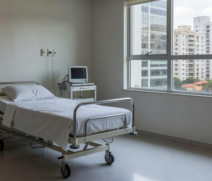 Sala de hospital no Brasil com equipamentos médicos e cama vazia, representando boletim médico sobre saúde renal e inflamação.
