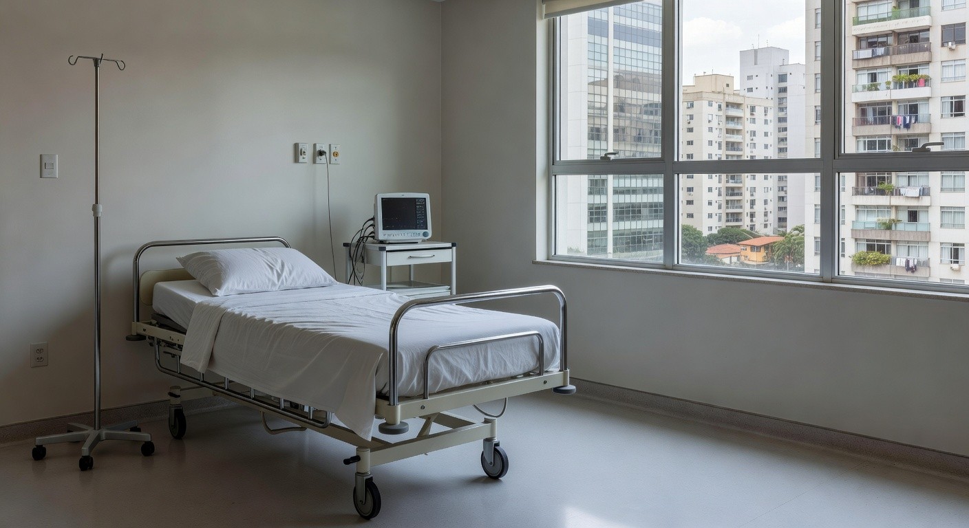 Sala de hospital no Brasil com equipamentos médicos e cama vazia, representando boletim médico sobre saúde renal e inflamação.
