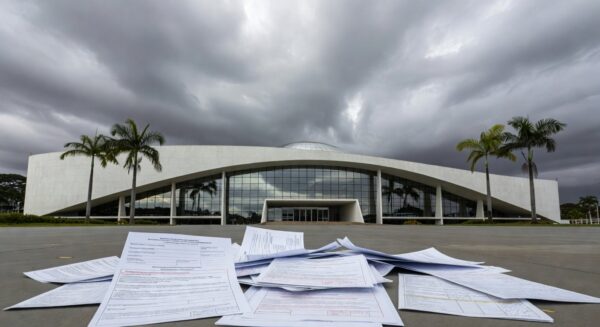 Fachada da CLDF em Brasília com elementos simbólicos de homenagem e crise no setor de seguros.