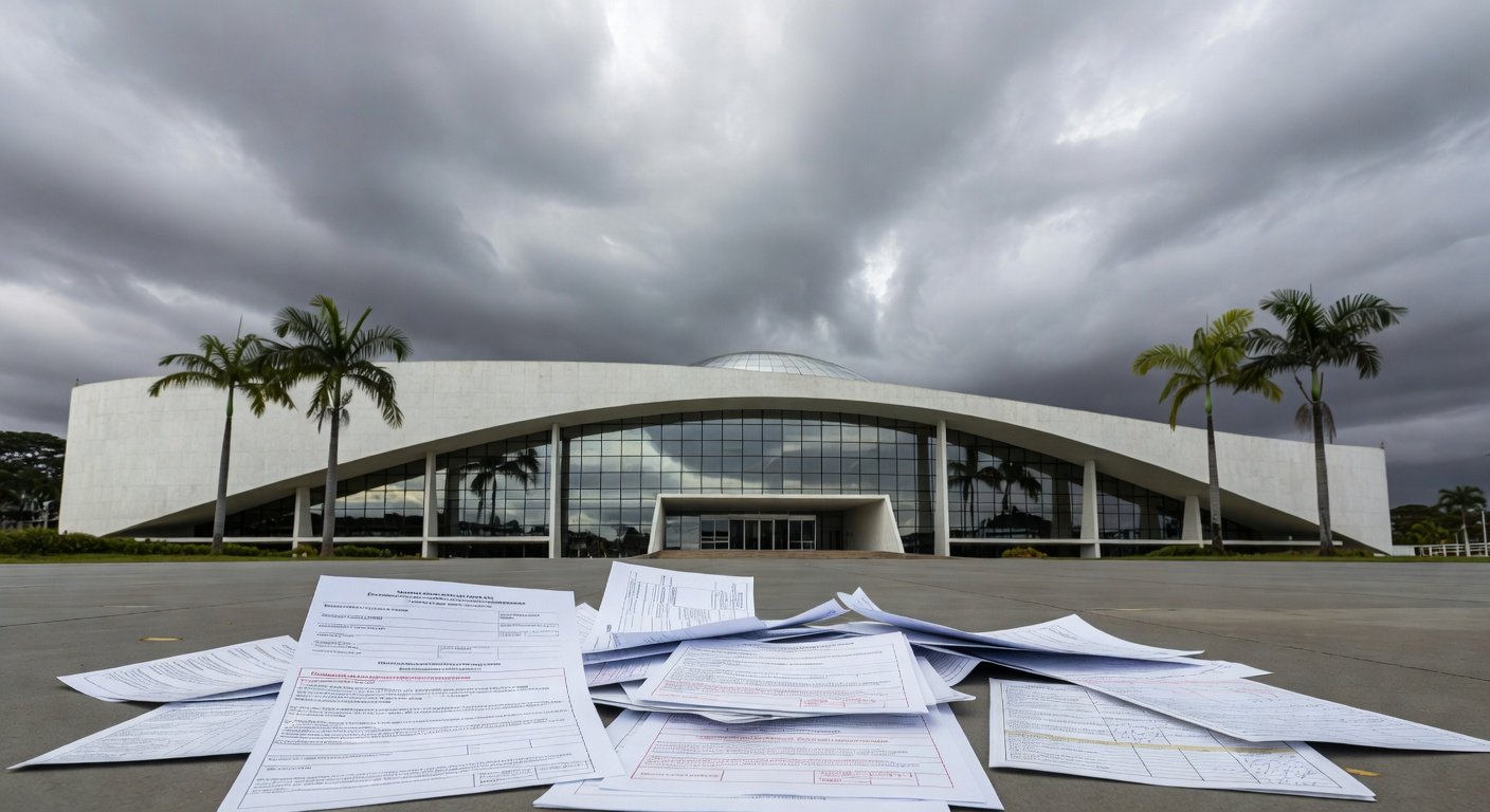 Fachada da CLDF em Brasília com elementos simbólicos de homenagem e crise no setor de seguros.