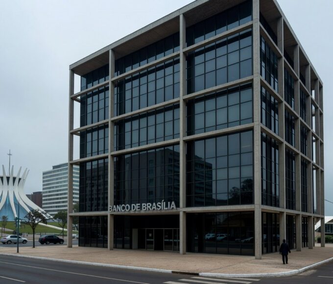Edifício do BRB em Brasília sob céu nublado, representando escrutínio sobre gestão bancária.