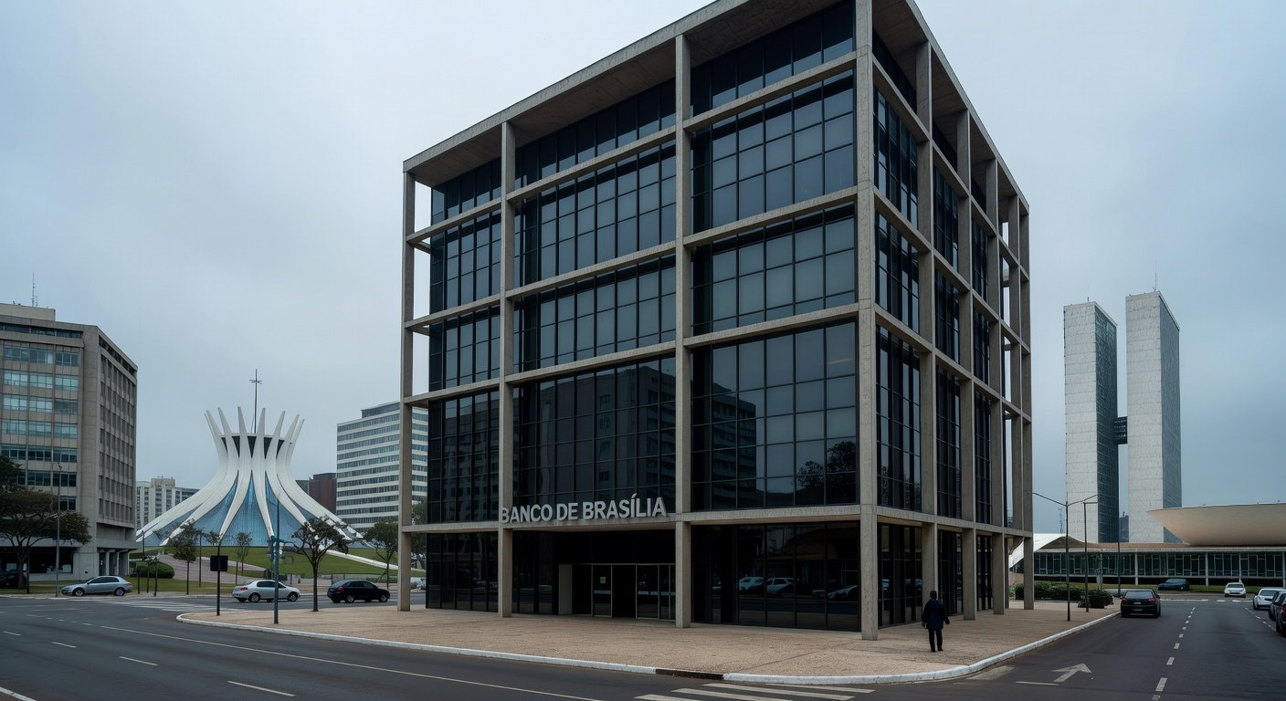 Edifício do BRB em Brasília sob céu nublado, representando escrutínio sobre gestão bancária.