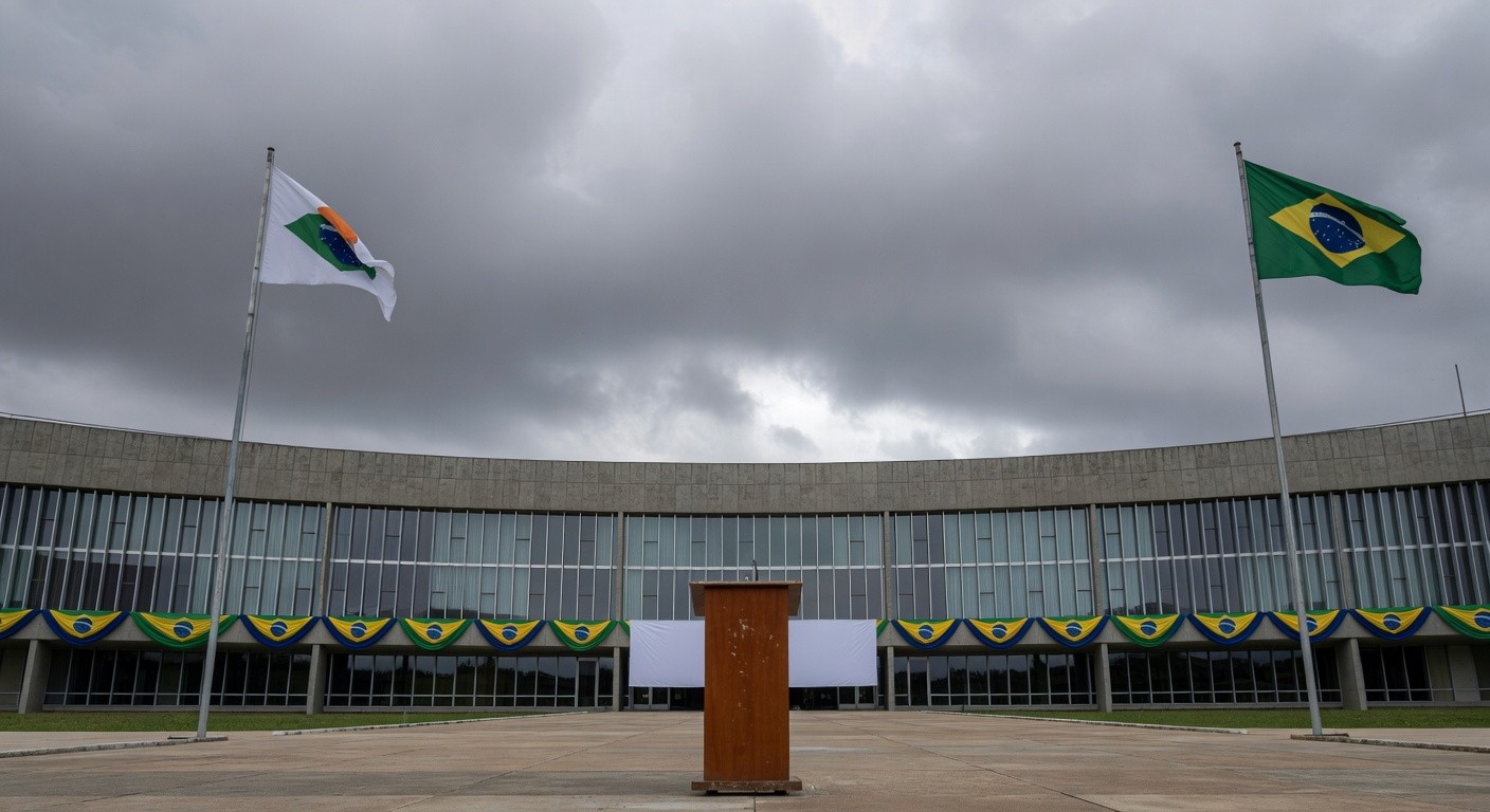 Fachada da Câmara Legislativa do DF com bandeiras e pódio vazio, representando cerimônia cívica questionada em crise econômica.