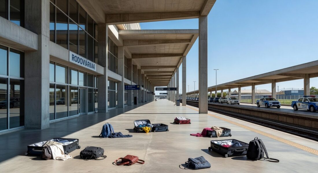 Rodoviária do Plano Piloto em Brasília com itens abandonados e viaturas policiais, sinalizando pânico causado por homem armado com faca.