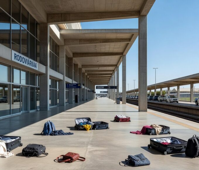 Rodoviária do Plano Piloto em Brasília com itens abandonados e viaturas policiais, sinalizando pânico causado por homem armado com faca.