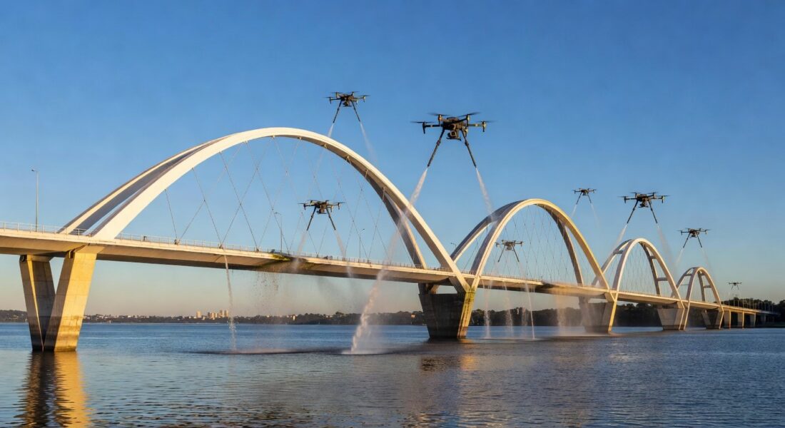 Ponte JK em Brasília com drones e hidrojateamento limpando arcos sobre o Lago Paranoá.