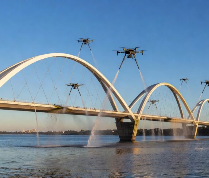 Ponte JK em Brasília com drones e hidrojateamento limpando arcos sobre o Lago Paranoá.