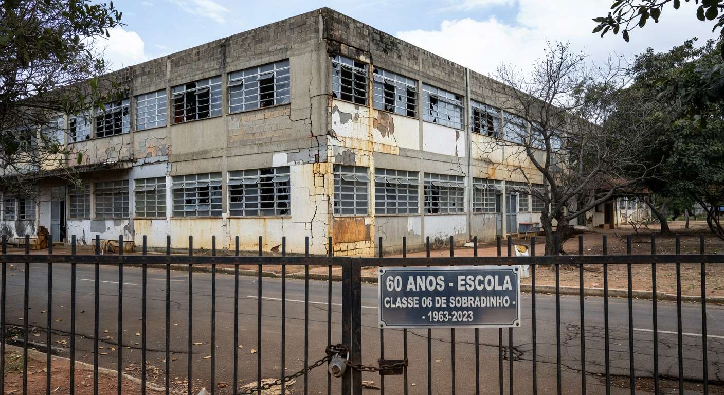 Fachada deteriorada de escola pública em Sobradinho, DF, com placa de 60 anos, destacando crise na educação.