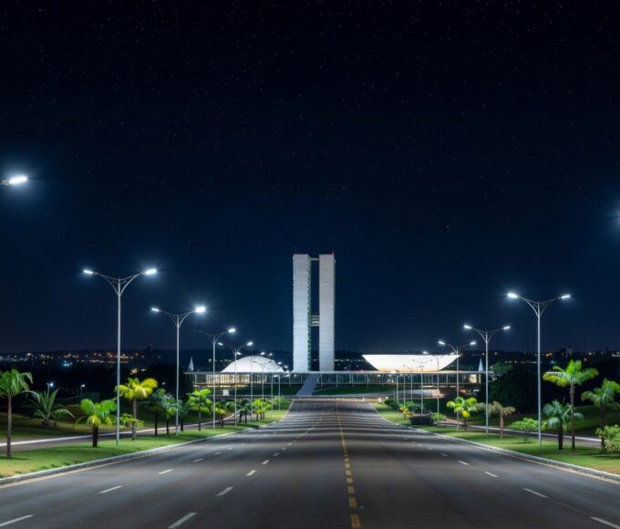Avenida noturna em Brasília iluminada por postes de LED modernos, representando a modernização da iluminação pública no DF.