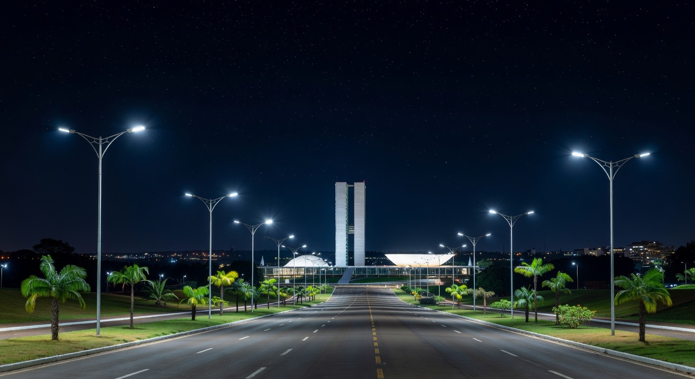 Avenida noturna em Brasília iluminada por postes de LED modernos, representando a modernização da iluminação pública no DF.