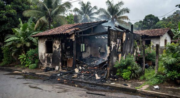 Casa residencial brasileira destruída por incêndio, representando condenação por assassinato em fogo.