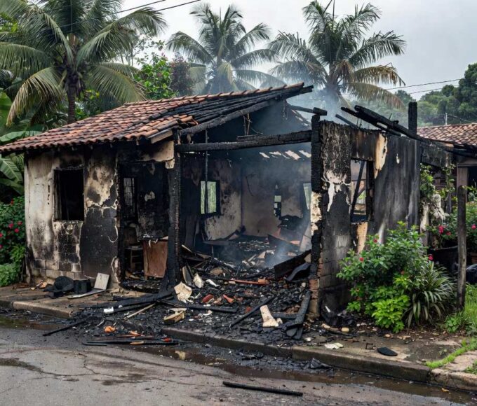 Casa residencial brasileira destruída por incêndio, representando condenação por assassinato em fogo.