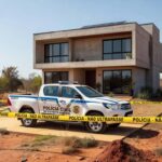 Viatura da Polícia Civil do DF em frente a casa residencial em Brasília, com fita de isolamento, representando prisão por violência doméstica e posse de armas.