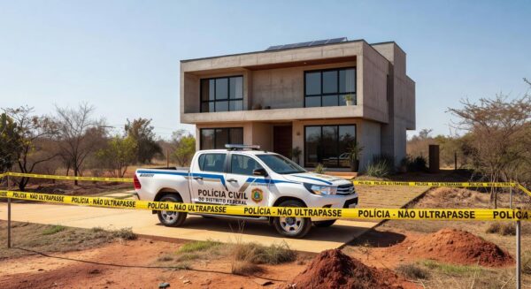 Viatura da Polícia Civil do DF em frente a casa residencial em Brasília, com fita de isolamento, representando prisão por violência doméstica e posse de armas.