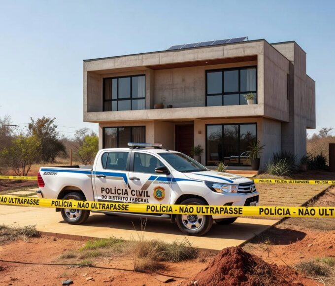 Viatura da Polícia Civil do DF em frente a casa residencial em Brasília, com fita de isolamento, representando prisão por violência doméstica e posse de armas.