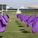 Auditório em Brasília com banners roxos contra feminicídio, ao fundo Congresso Nacional.