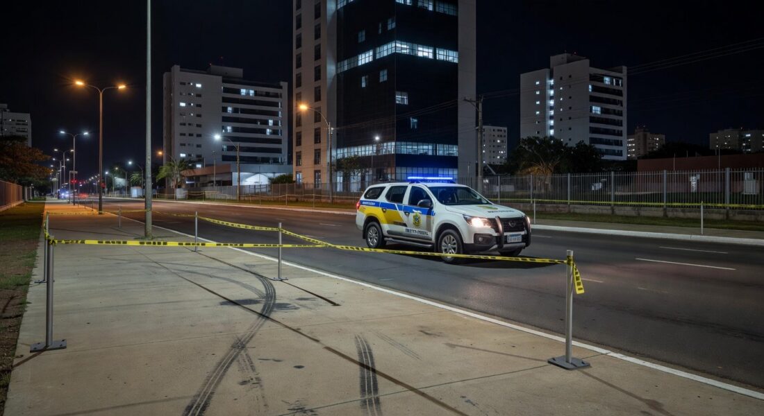 Cena de rua em Águas Claras com viatura policial e fita de isolamento após incidente de assalto.