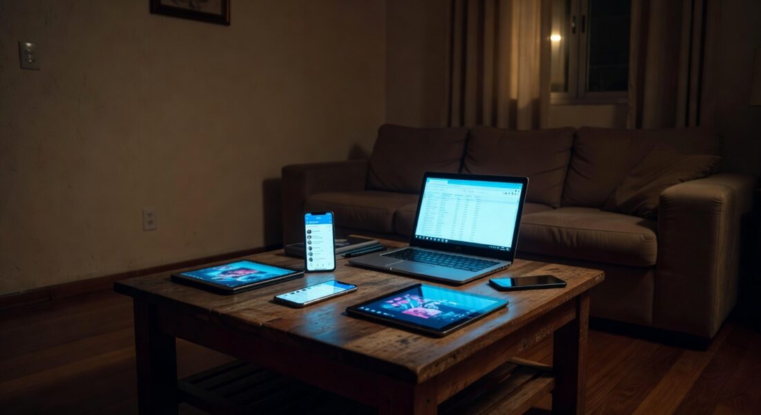 Quarto infantil com dispositivos eletrônicos espalhados, representando riscos do uso excessivo de telas em crianças no Brasil.