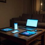 Quarto infantil com dispositivos eletrônicos espalhados, representando riscos do uso excessivo de telas em crianças no Brasil.