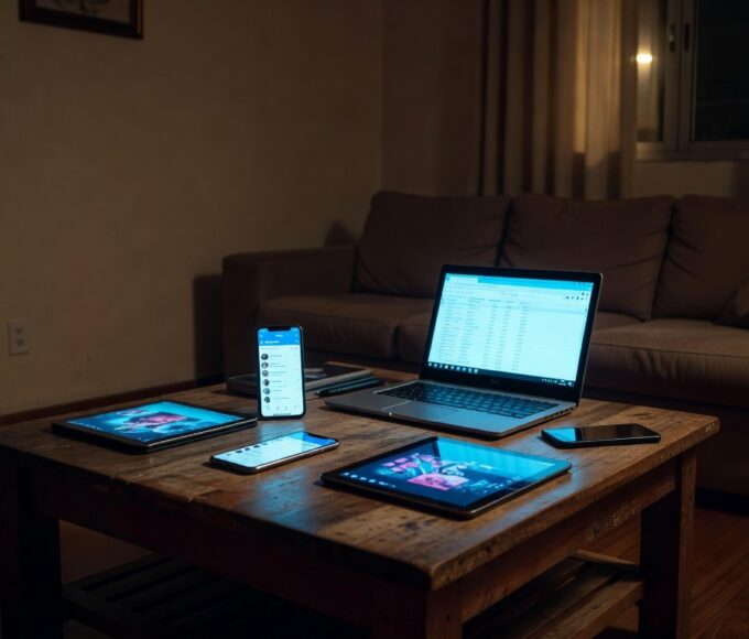 Quarto infantil com dispositivos eletrônicos espalhados, representando riscos do uso excessivo de telas em crianças no Brasil.