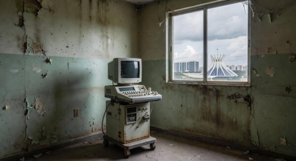 Equipamento de ecocardiograma em hospital público de Brasília, expondo negligência na saúde para bebês com Down.