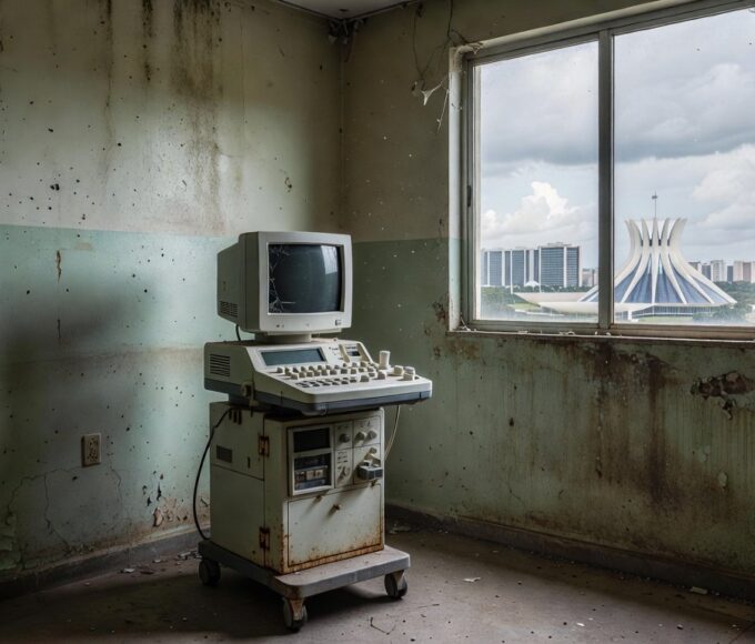 Equipamento de ecocardiograma em hospital público de Brasília, expondo negligência na saúde para bebês com Down.