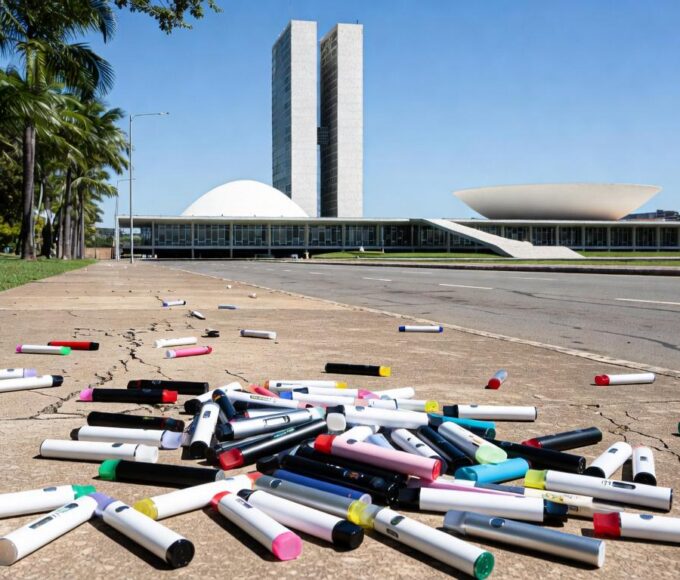 Cigarros eletrônicos descartados em calçada de Brasília, simbolizando uso entre estudantes de 13 a 17 anos.
