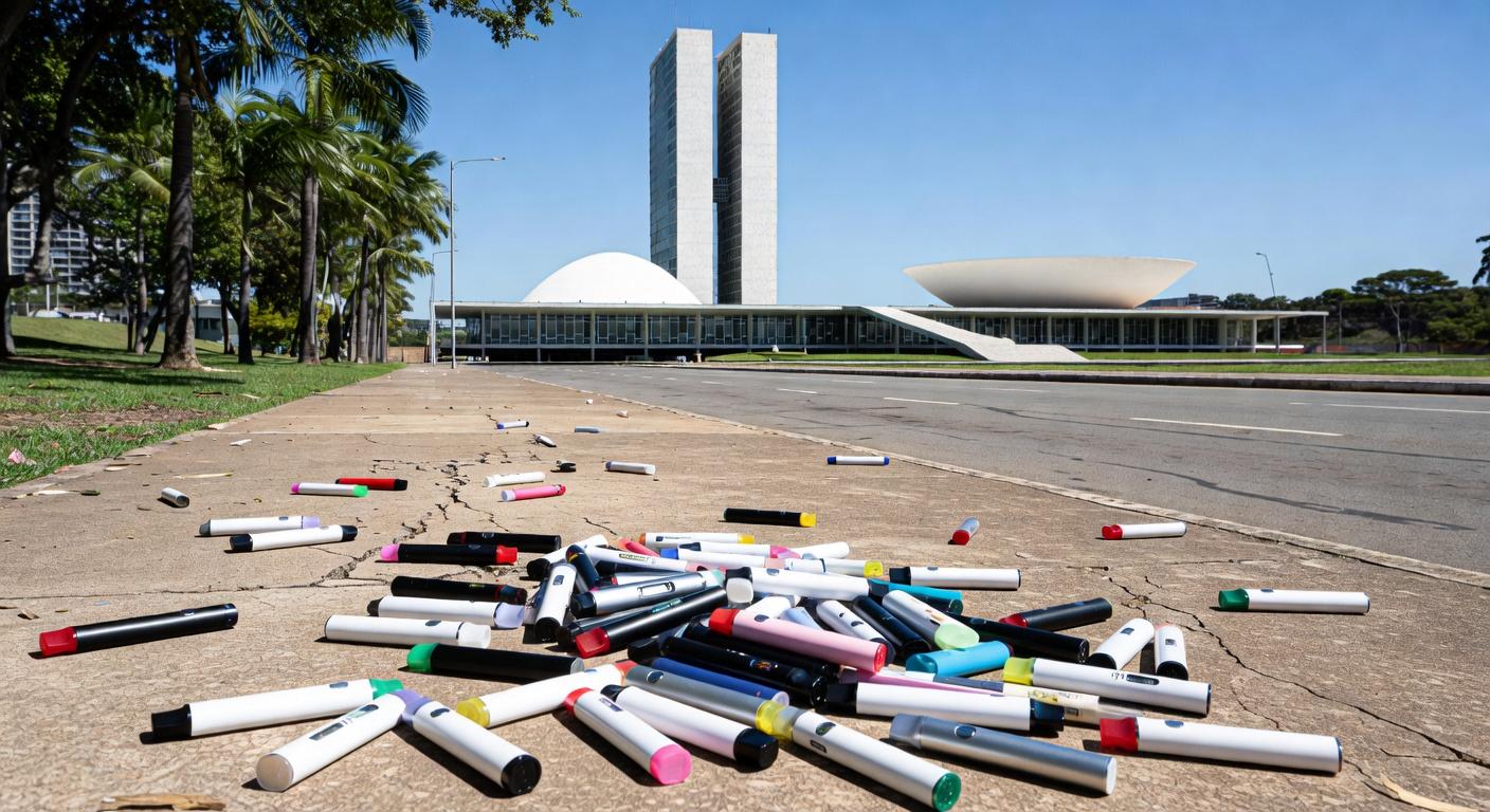 Cigarros eletrônicos descartados em calçada de Brasília, simbolizando uso entre estudantes de 13 a 17 anos.